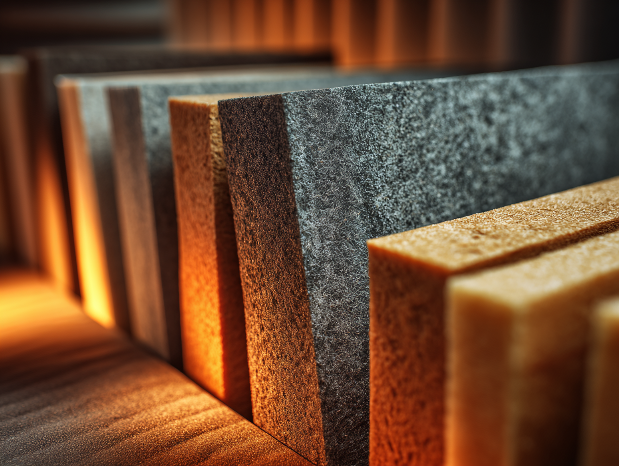 Display of premium soundproofing materials including acoustic panels, bass traps, insulation layers